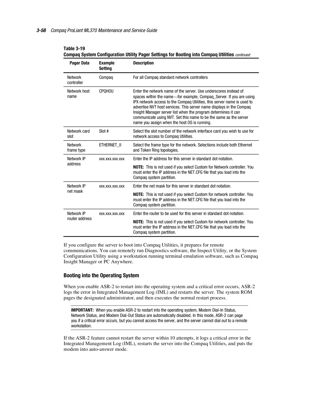 Compaq ML370 manual Booting into the Operating System 