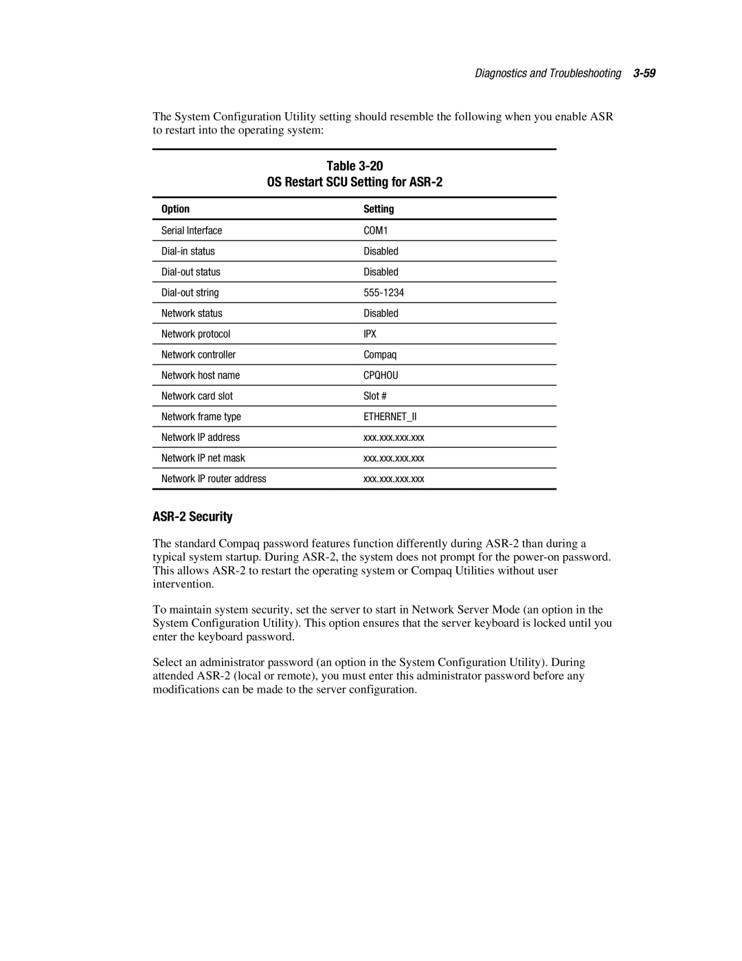 Compaq ML370 manual OS Restart SCU Setting for ASR-2, ASR-2 Security, Option Setting 