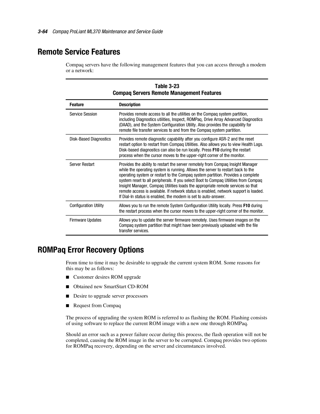 Compaq ML370 manual Remote Service Features, ROMPaq Error Recovery Options, Compaq Servers Remote Management Features 