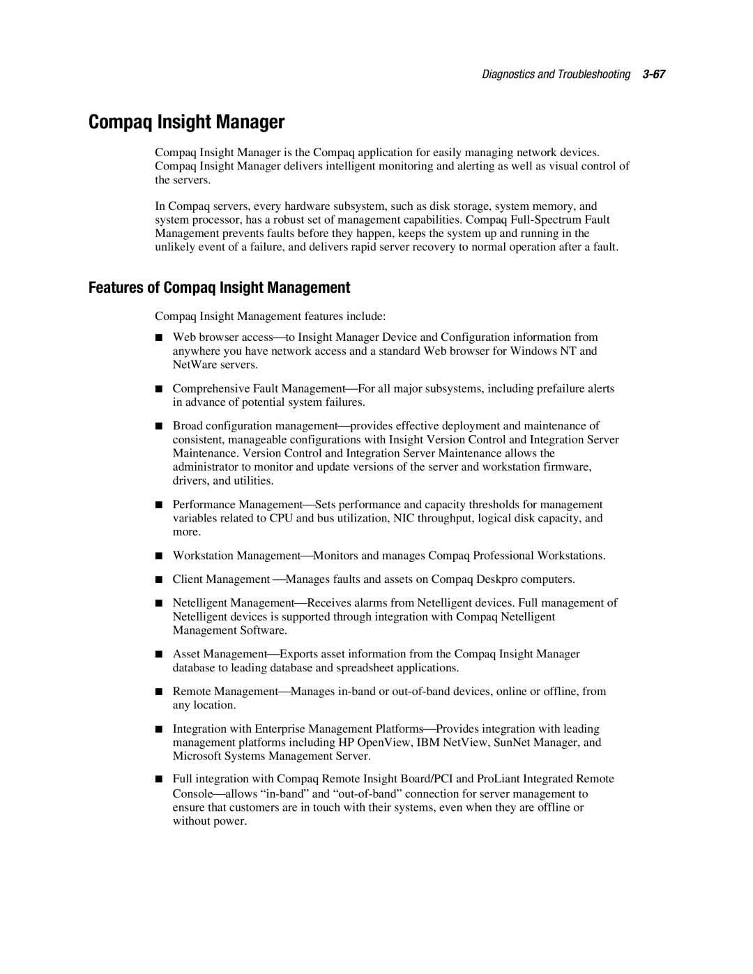 Compaq ML370 manual Compaq Insight Manager, Features of Compaq Insight Management 