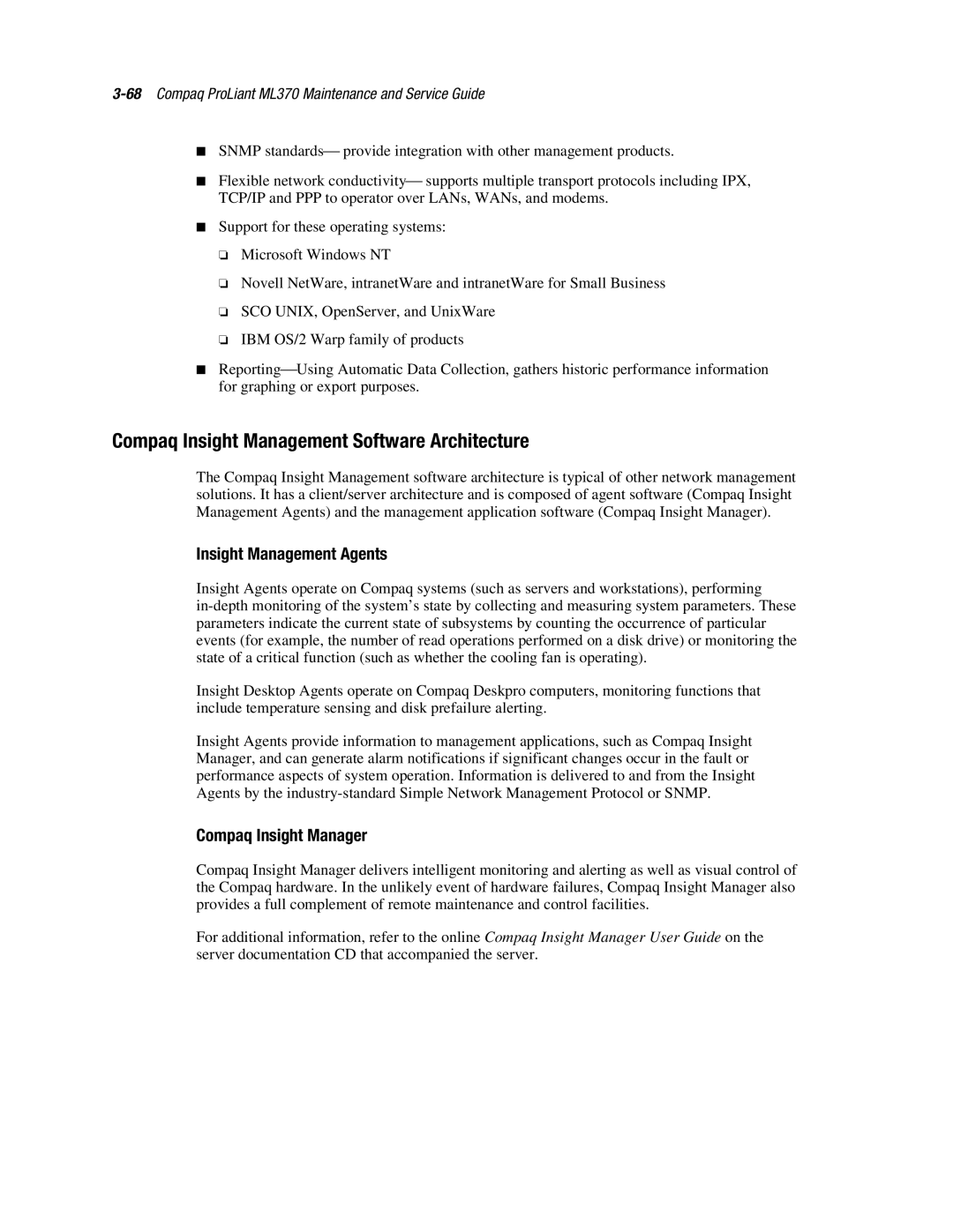 Compaq ML370 manual Compaq Insight Management Software Architecture, Insight Management Agents 