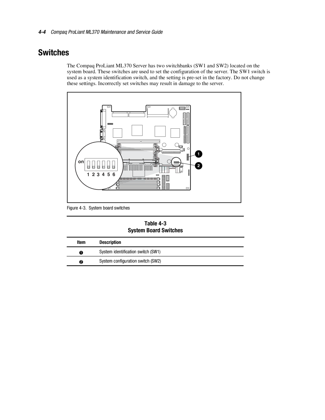 Compaq ML370 manual System Board Switches 