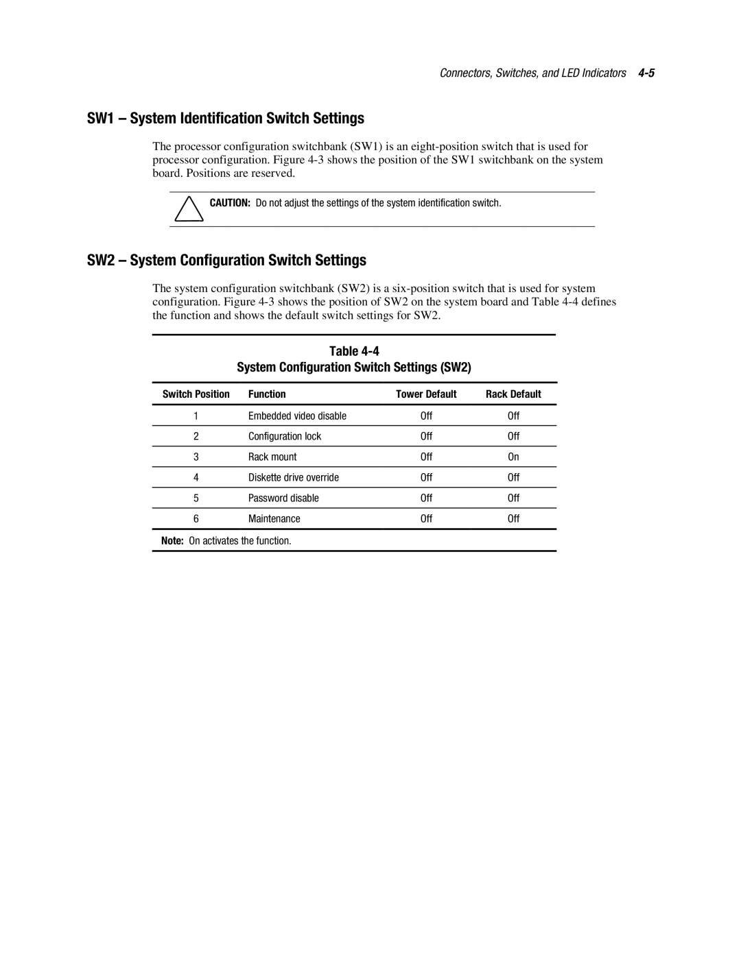 Compaq ML370 manual SW1 System Identification Switch Settings, SW2 System Configuration Switch Settings 