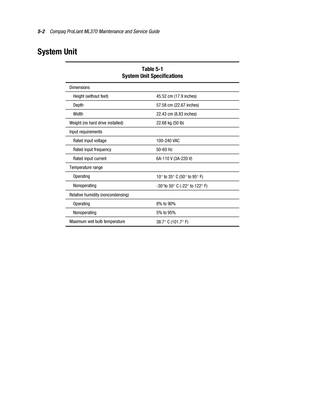 Compaq ML370 manual System Unit Specifications 