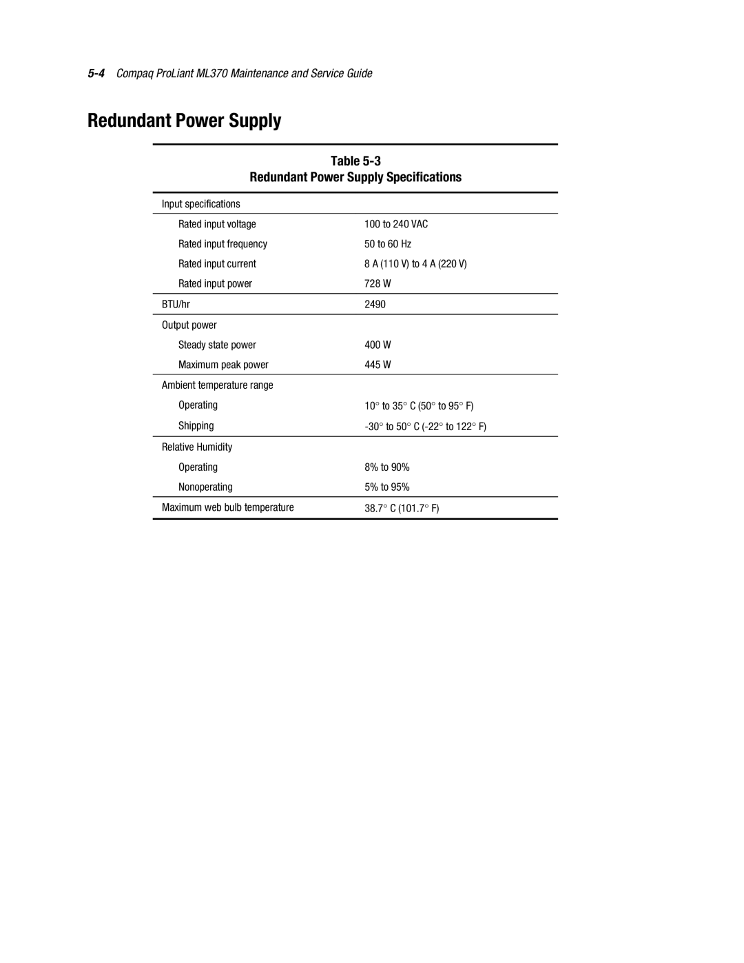 Compaq ML370 manual Redundant Power Supply Specifications 