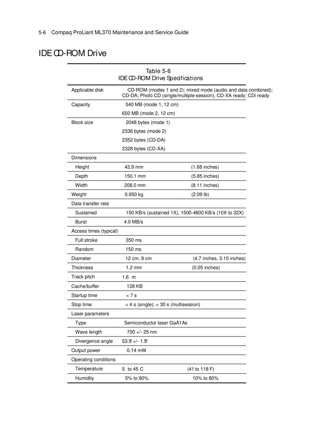 Compaq ML370 manual IDE CD-ROM Drive Specifications, Applicable disk, Laser parameters Type 