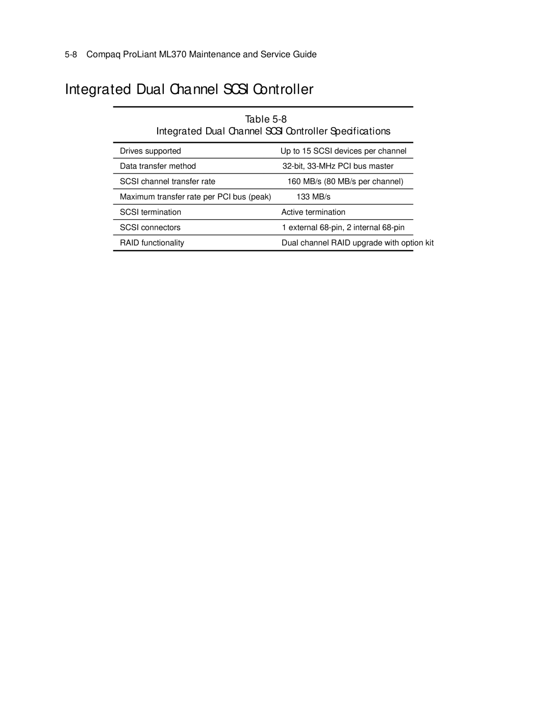 Compaq ML370 manual Integrated Dual Channel Scsi Controller Specifications, 133 MB/s 