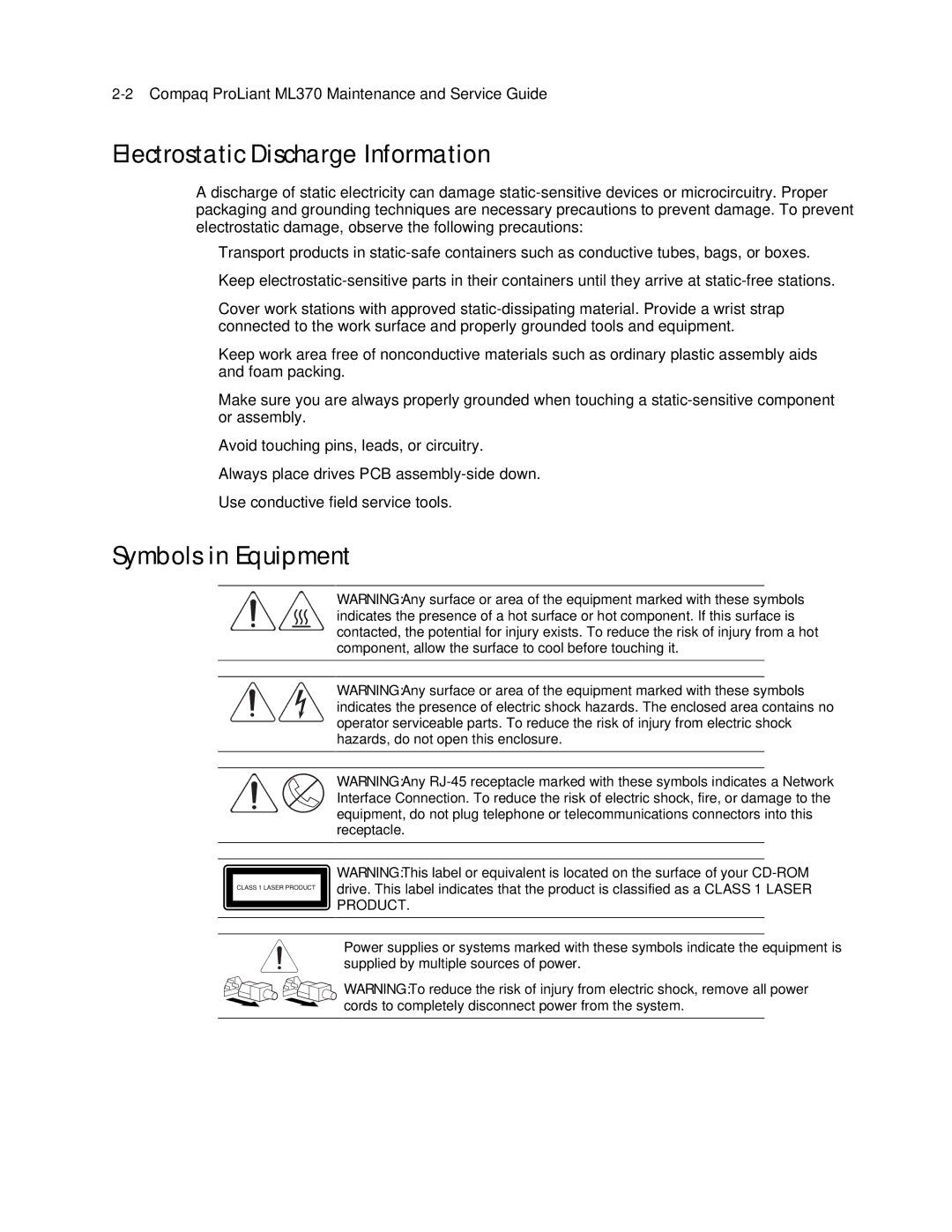 Compaq ML370 manual Electrostatic Discharge Information, Symbols in Equipment 