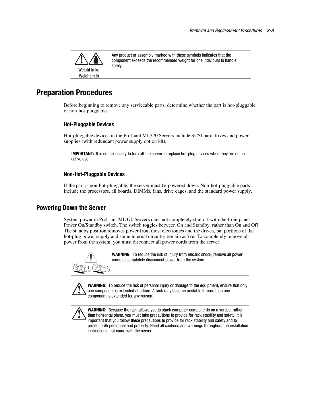 Compaq ML370 manual Preparation Procedures, Powering Down the Server, Non-Hot-Pluggable Devices, Safely 