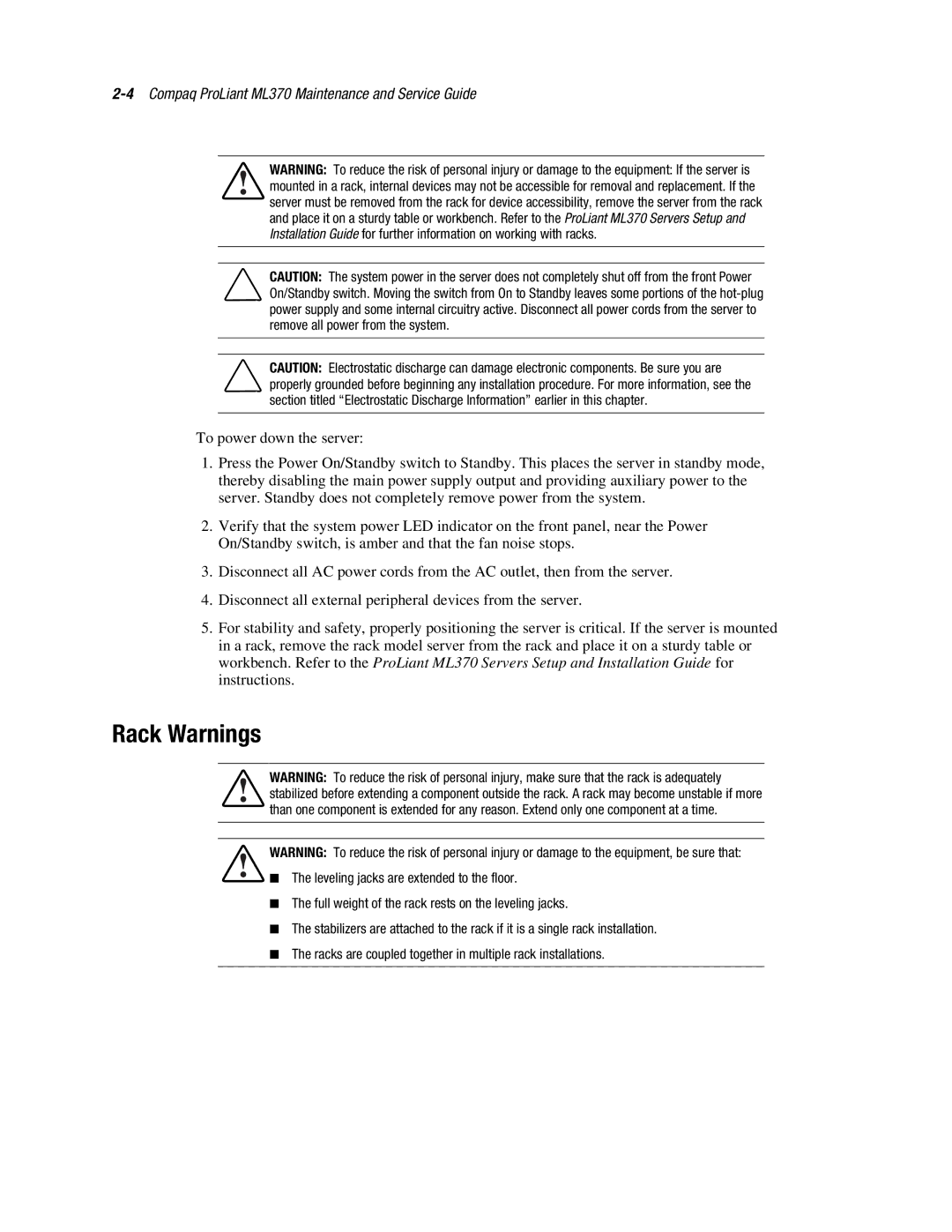 Compaq ML370 manual Rack Warnings 