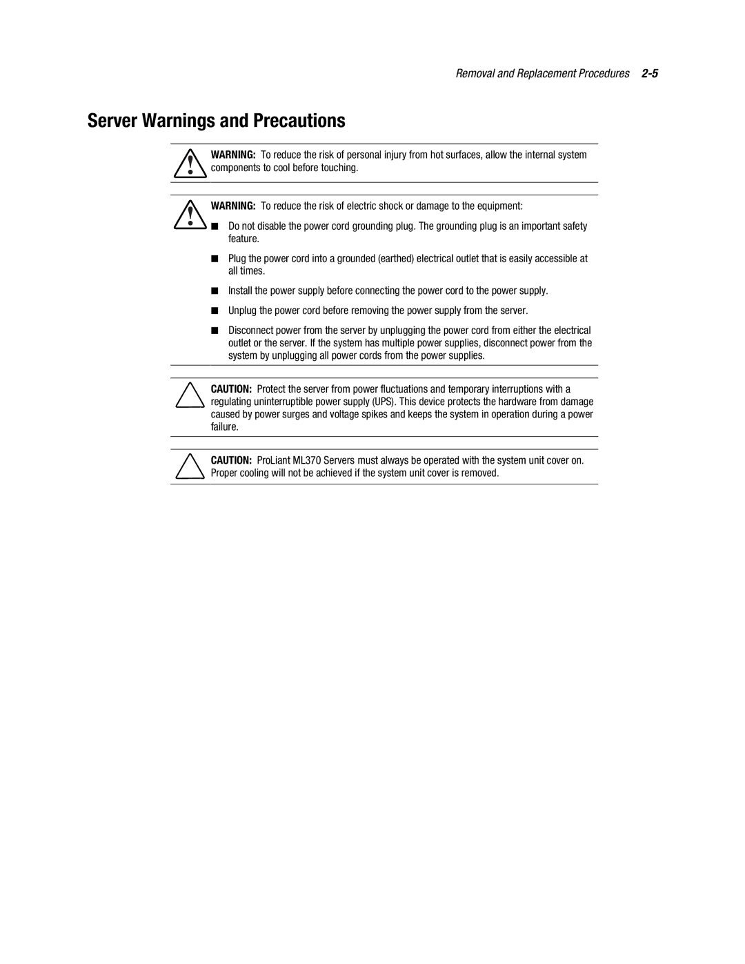 Compaq ML370 manual Server Warnings and Precautions 