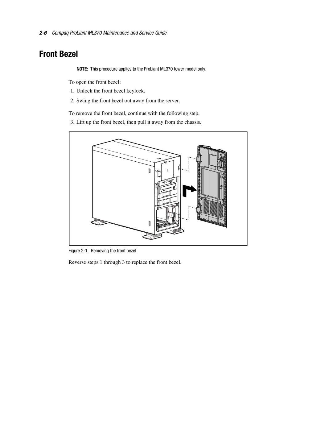 Compaq ML370 manual Front Bezel, Removing the front bezel 