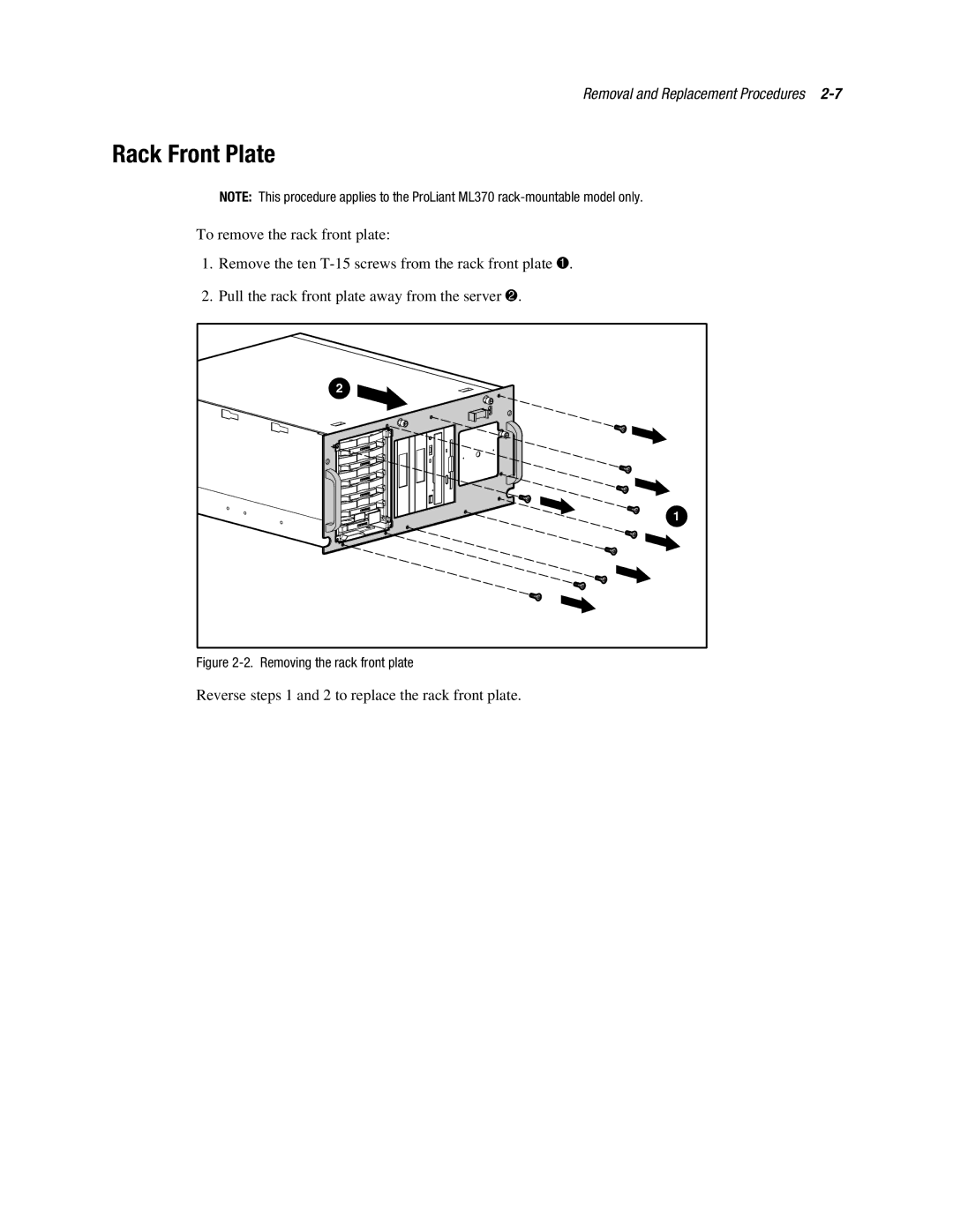 Compaq ML370 manual Rack Front Plate, Removing the rack front plate 