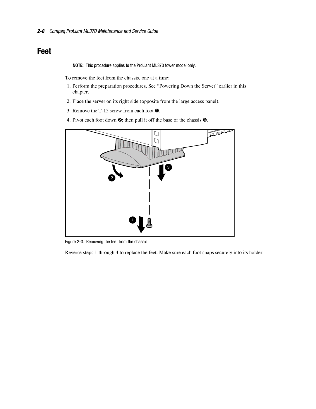 Compaq ML370 manual Feet, Removing the feet from the chassis 