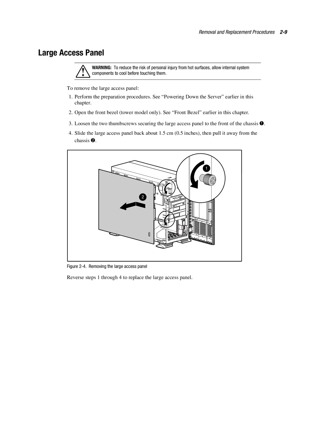 Compaq ML370 manual Large Access Panel, Removing the large access panel 