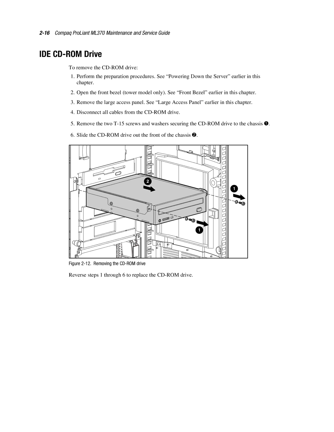 Compaq ML370 manual IDE CD-ROM Drive, Removing the CD-ROM drive 