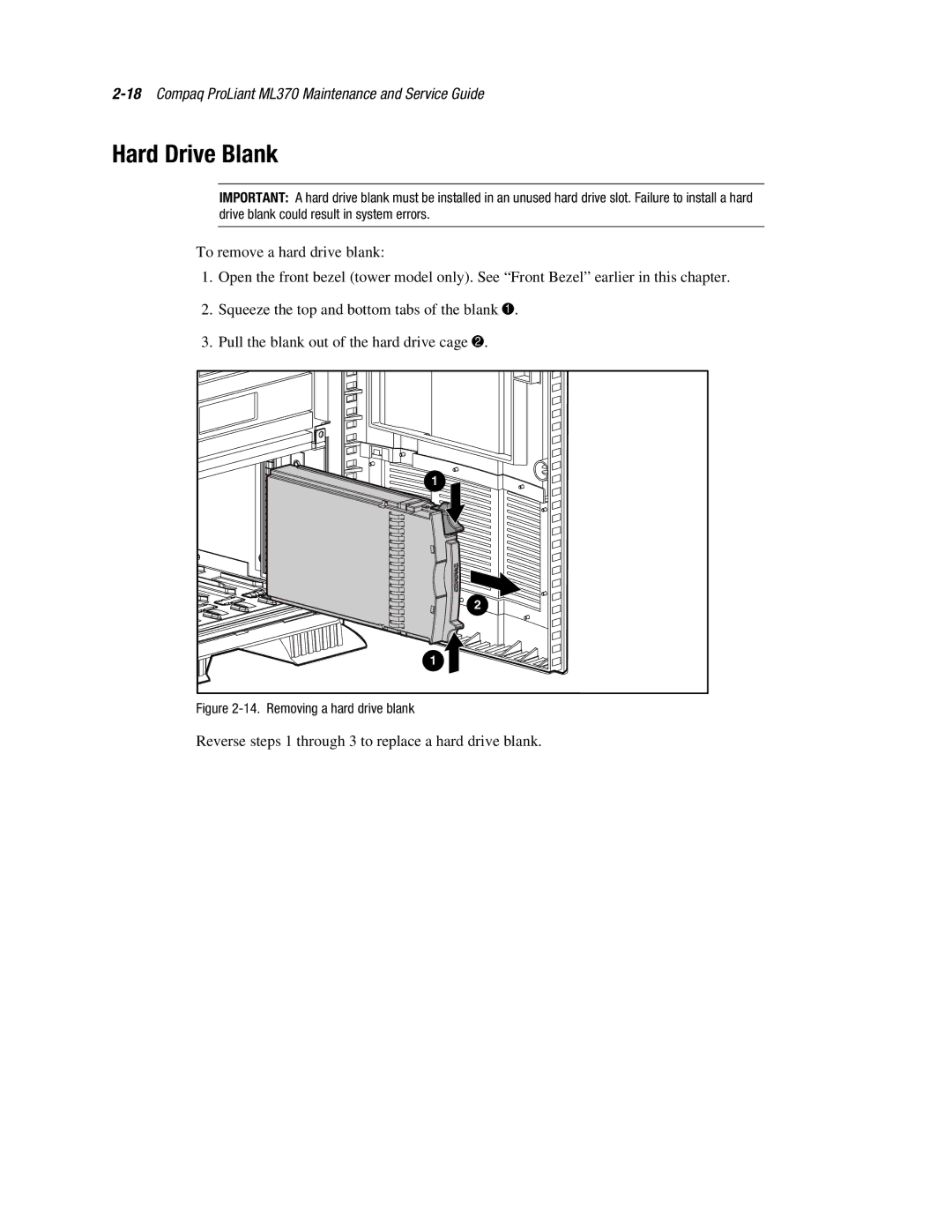 Compaq ML370 manual Hard Drive Blank, Removing a hard drive blank 