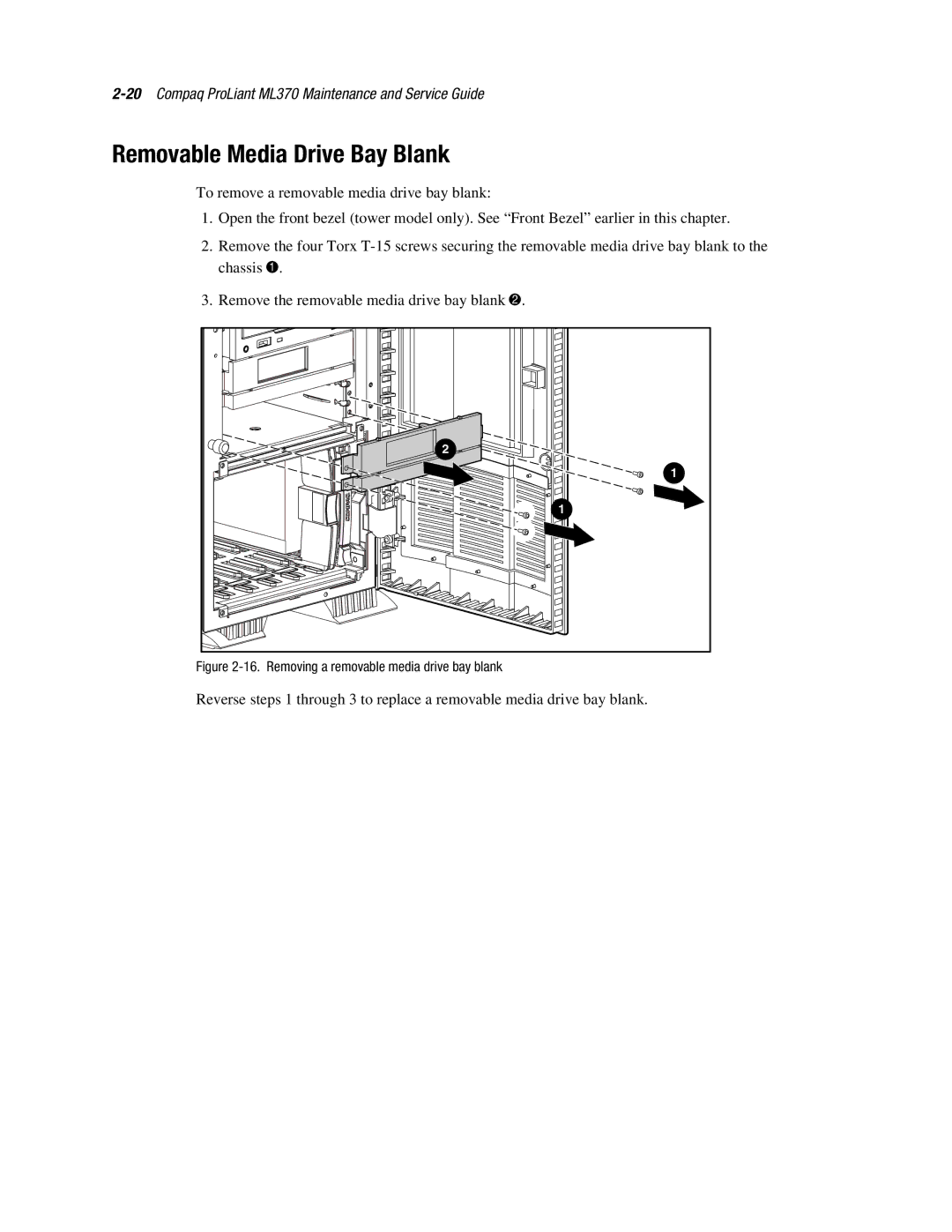 Compaq ML370 manual Removable Media Drive Bay Blank, Removing a removable media drive bay blank 