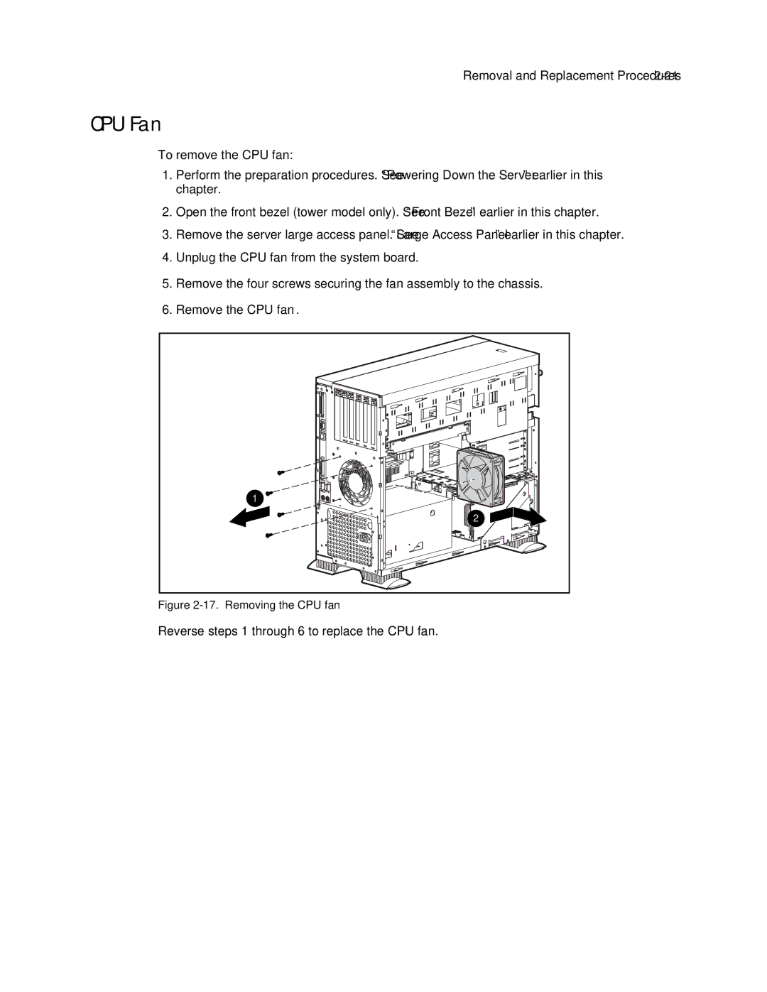 Compaq ML370 manual CPU Fan, Removing the CPU fan 