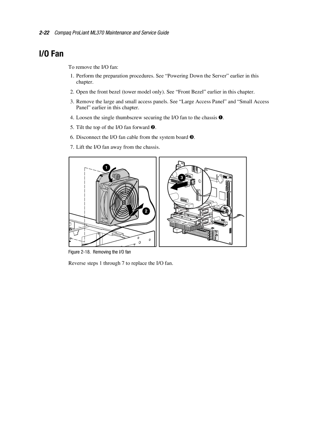 Compaq ML370 manual Fan, Removing the I/O fan 