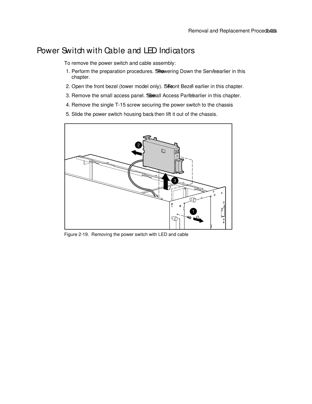 Compaq ML370 manual Power Switch with Cable and LED Indicators, Removing the power switch with LED and cable 