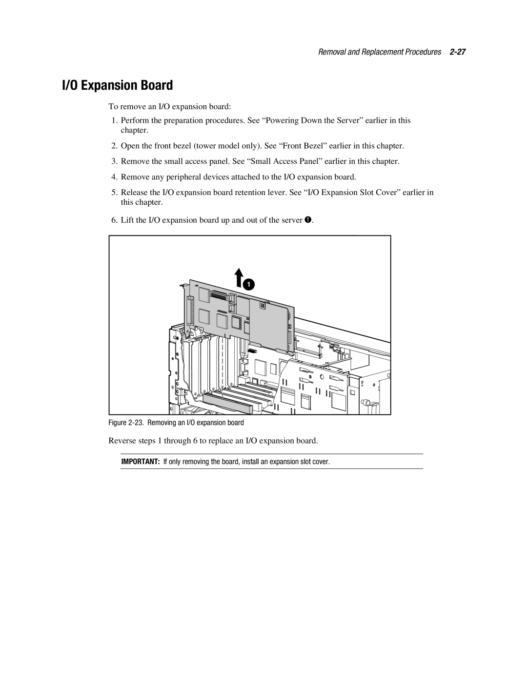 Compaq ML370 manual Expansion Board, Removing an I/O expansion board 