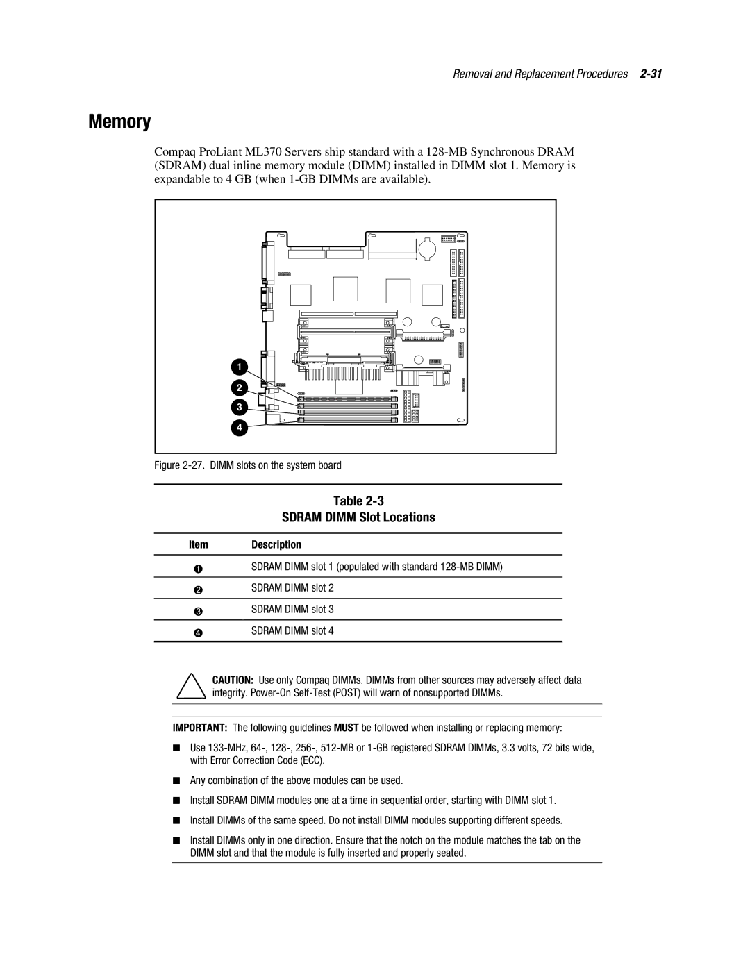 Compaq ML370 manual Memory, Sdram Dimm Slot Locations 