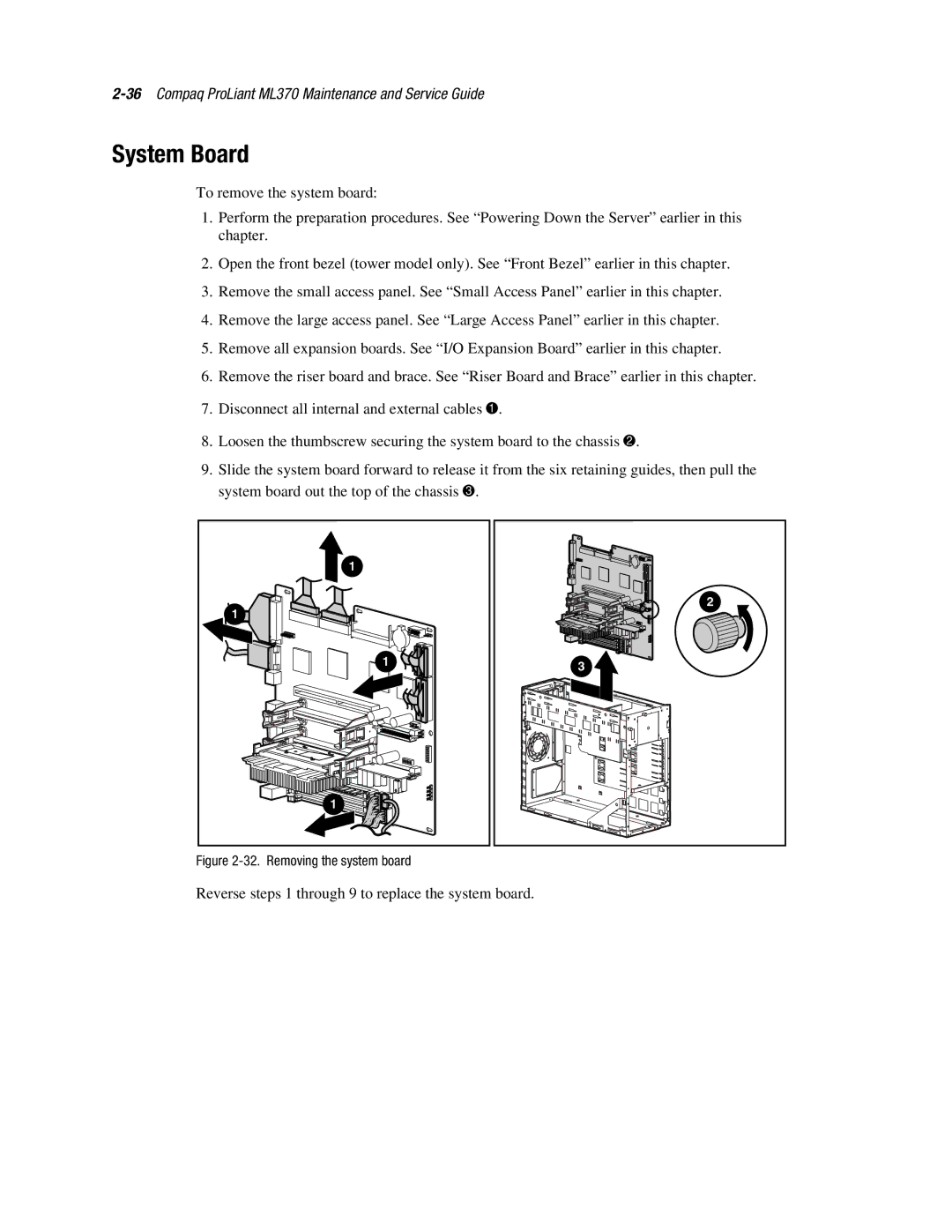 Compaq ML370 manual System Board, Removing the system board 