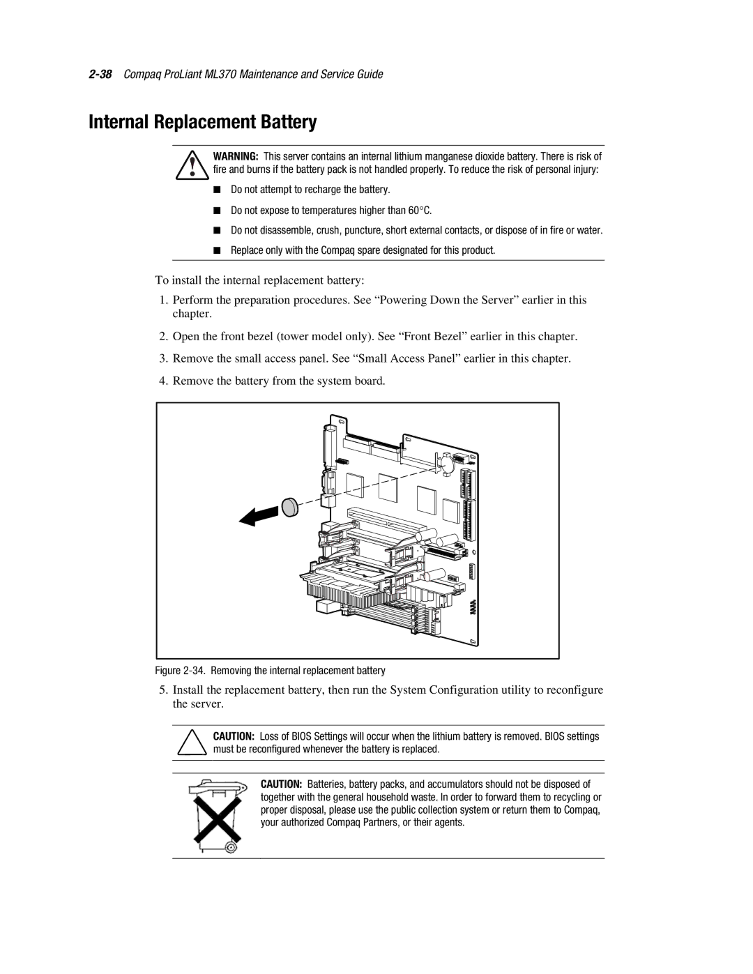 Compaq ML370 manual Internal Replacement Battery, Removing the internal replacement battery 