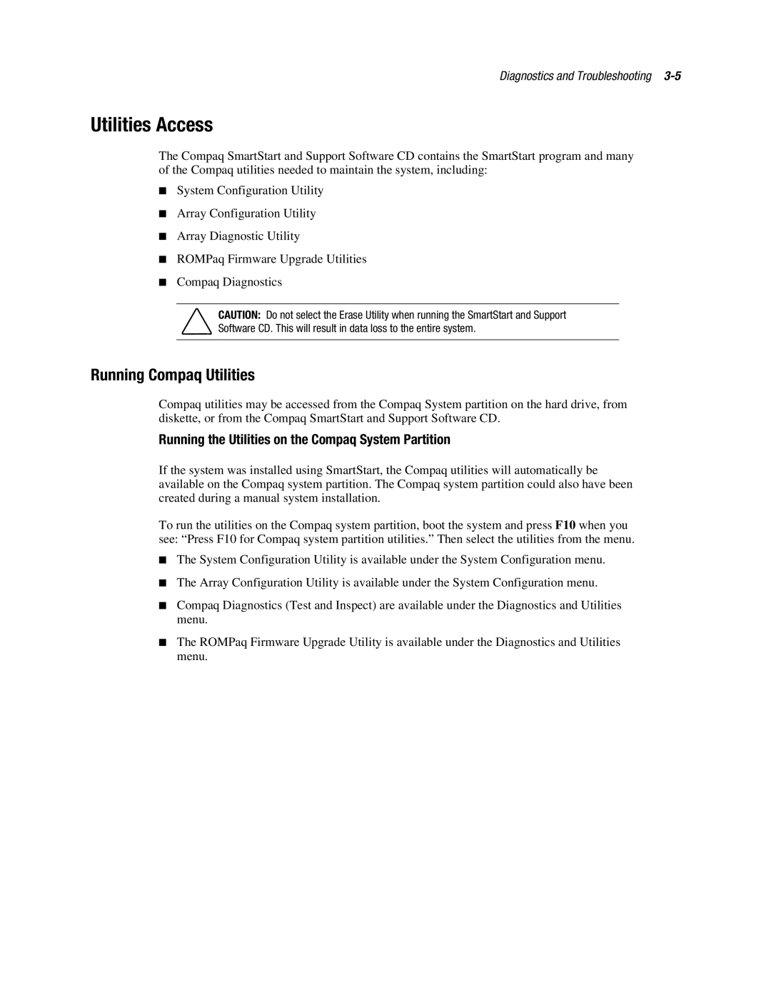 Compaq ML370 manual Utilities Access, Running Compaq Utilities, Running the Utilities on the Compaq System Partition 