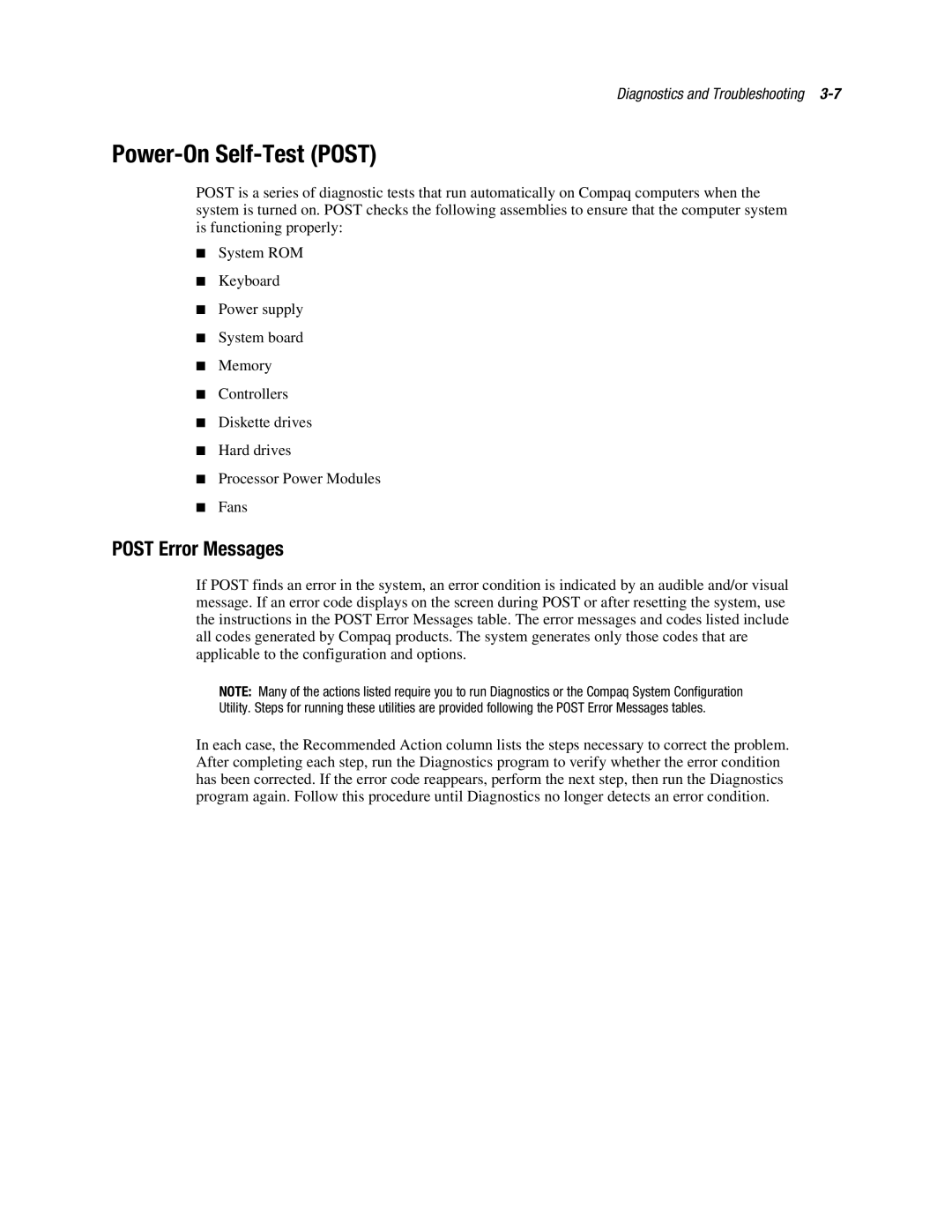 Compaq ML370 manual Power-On Self-Test Post, Post Error Messages 