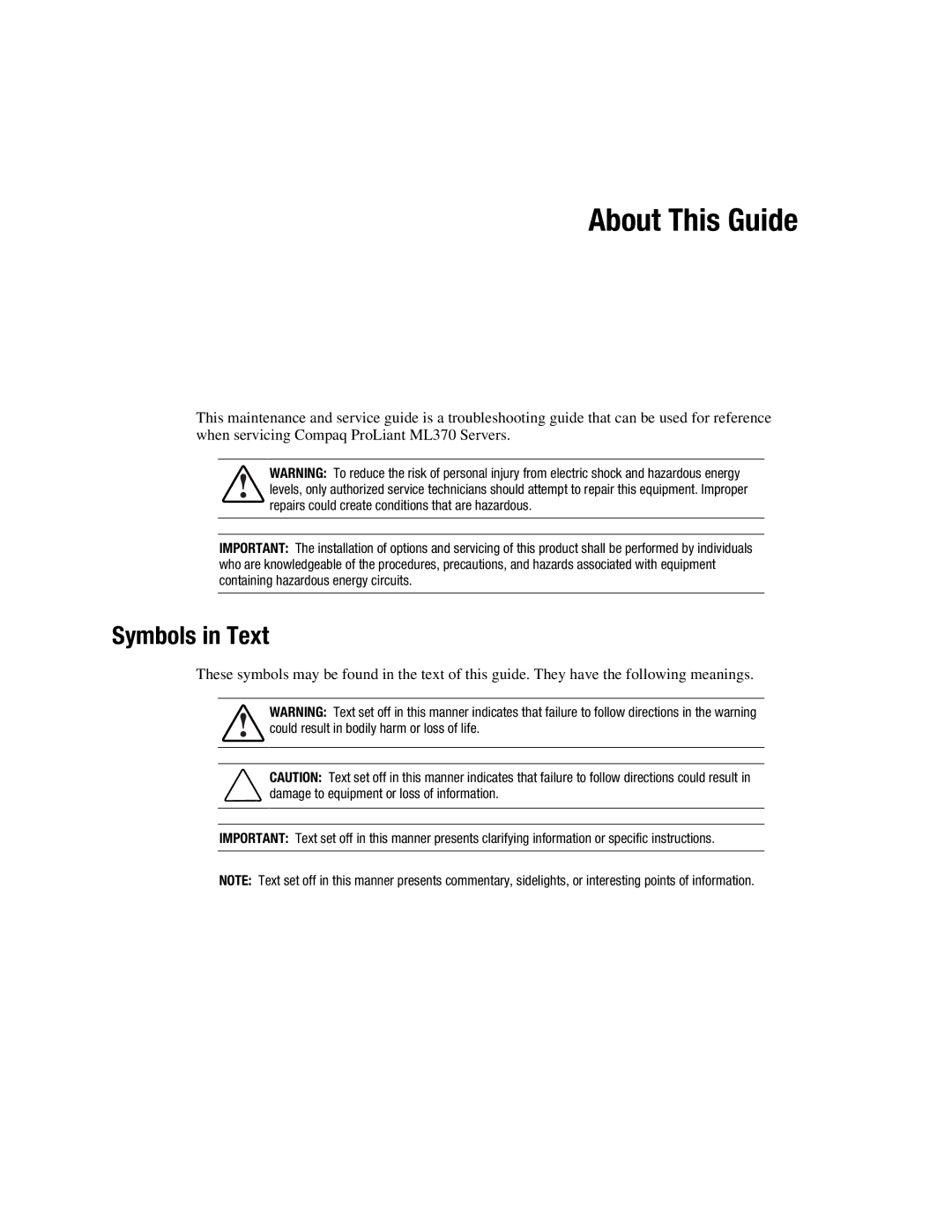 Compaq ML370 manual About This Guide, Symbols in Text 