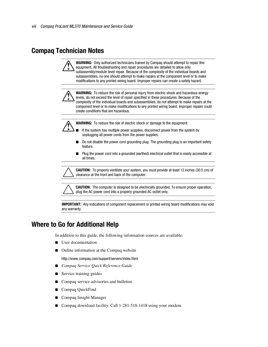 Compaq ML370 manual Compaq Technician Notes, Where to Go for Additional Help 