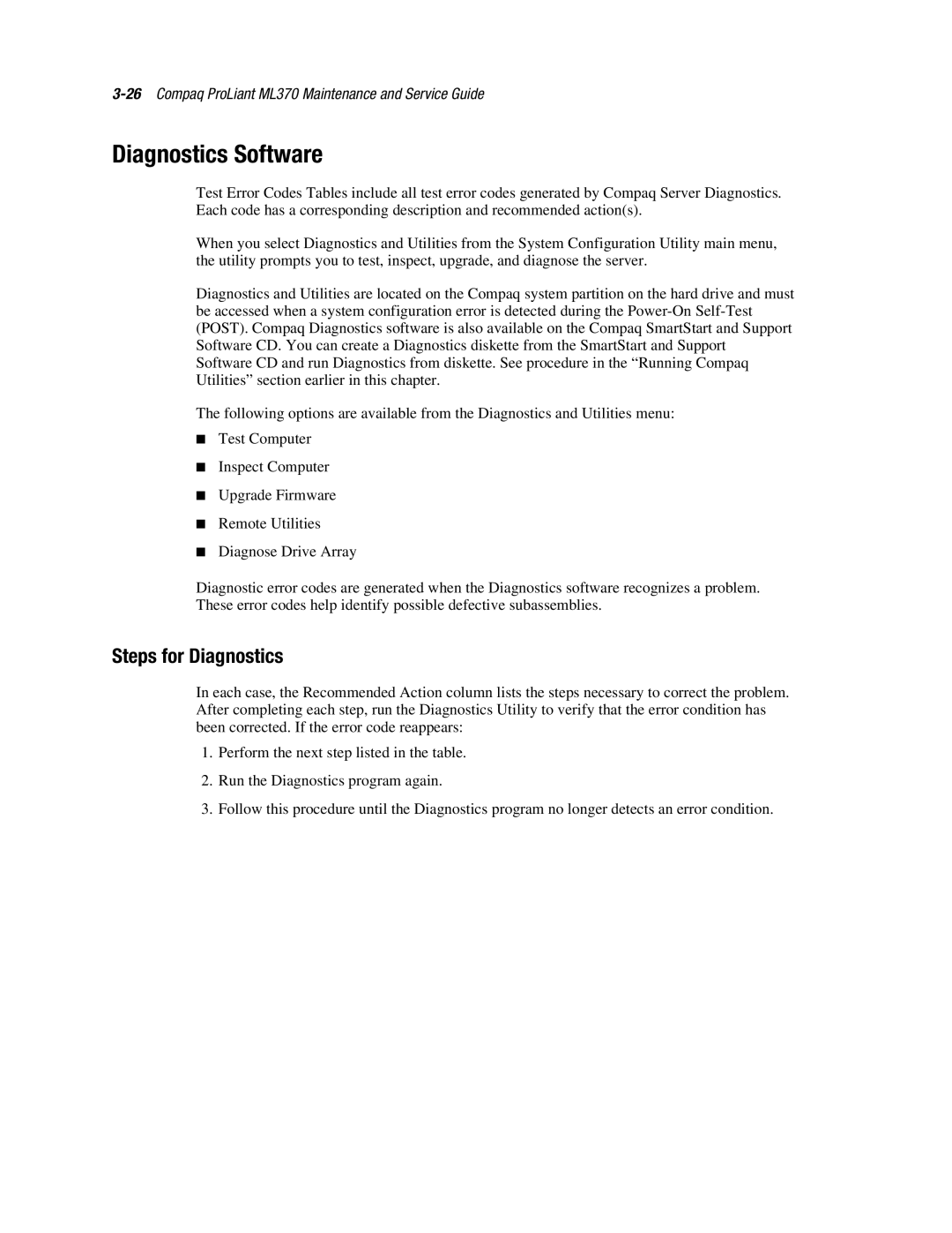 Compaq ML370 manual Diagnostics Software, Steps for Diagnostics 