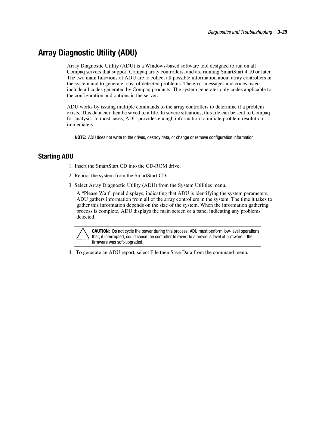 Compaq ML370 manual Array Diagnostic Utility ADU, Starting ADU 