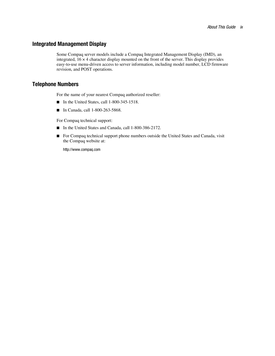 Compaq ML370 manual Integrated Management Display, Telephone Numbers 