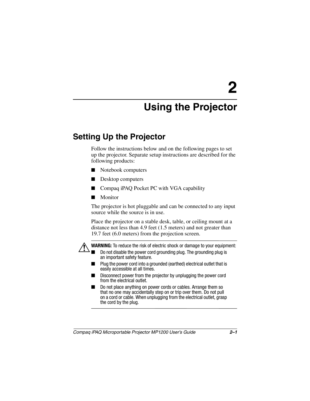 Compaq MP1200 manual Using the Projector, Setting Up the Projector 