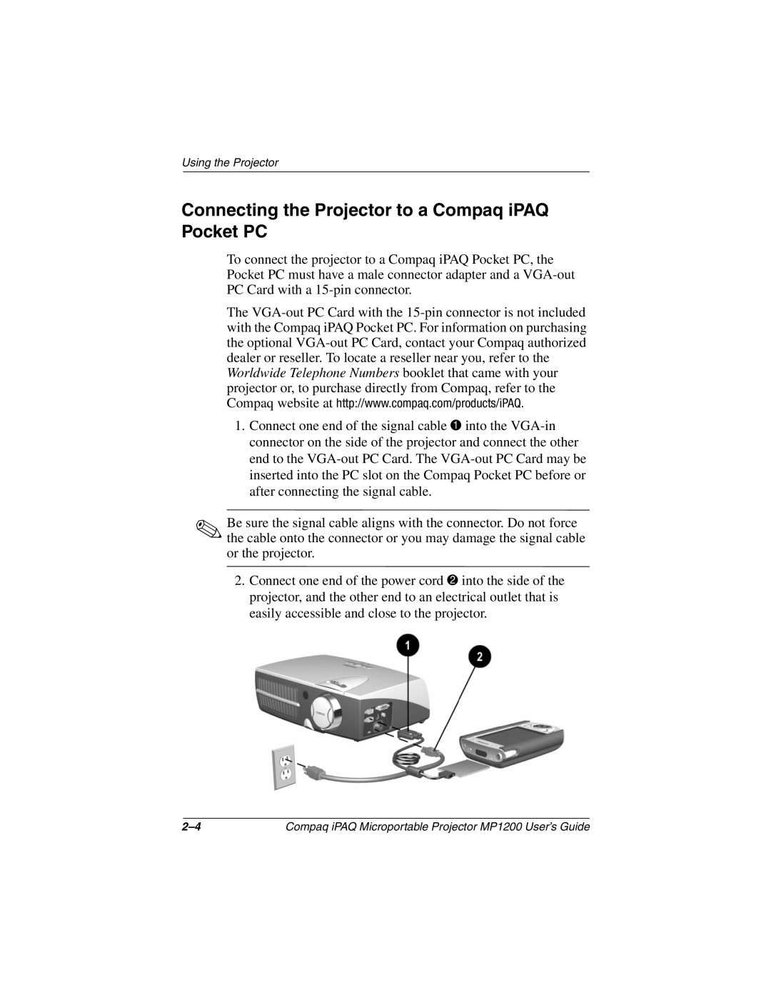 Compaq MP1200 manual Connecting the Projector to a Compaq iPAQ Pocket PC 