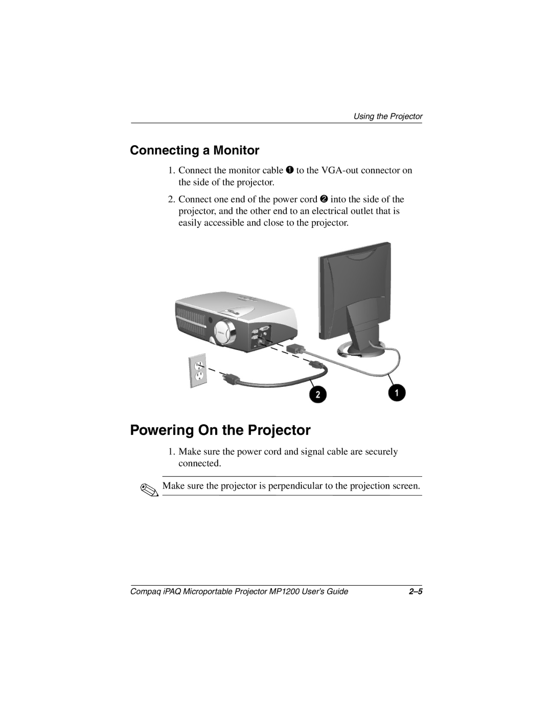 Compaq MP1200 manual Powering On the Projector, Connecting a Monitor 
