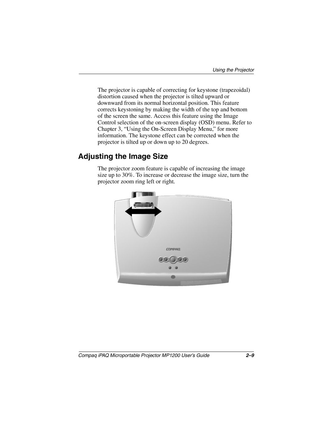 Compaq MP1200 manual Adjusting the Image Size 