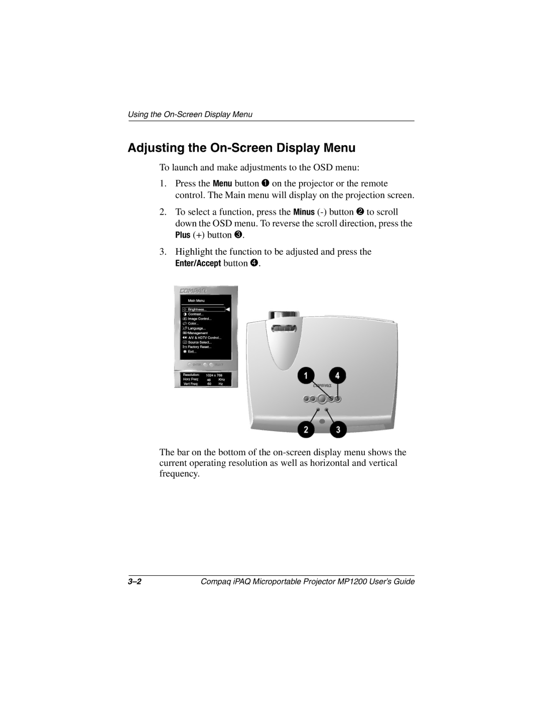 Compaq MP1200 manual Adjusting the On-Screen Display Menu 