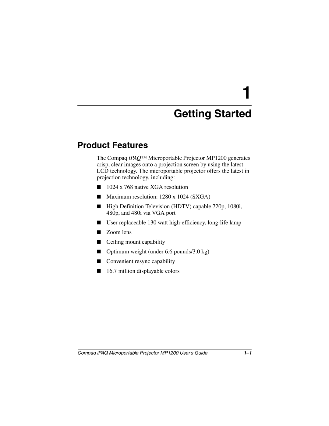 Compaq MP1200 manual Getting Started, Product Features 