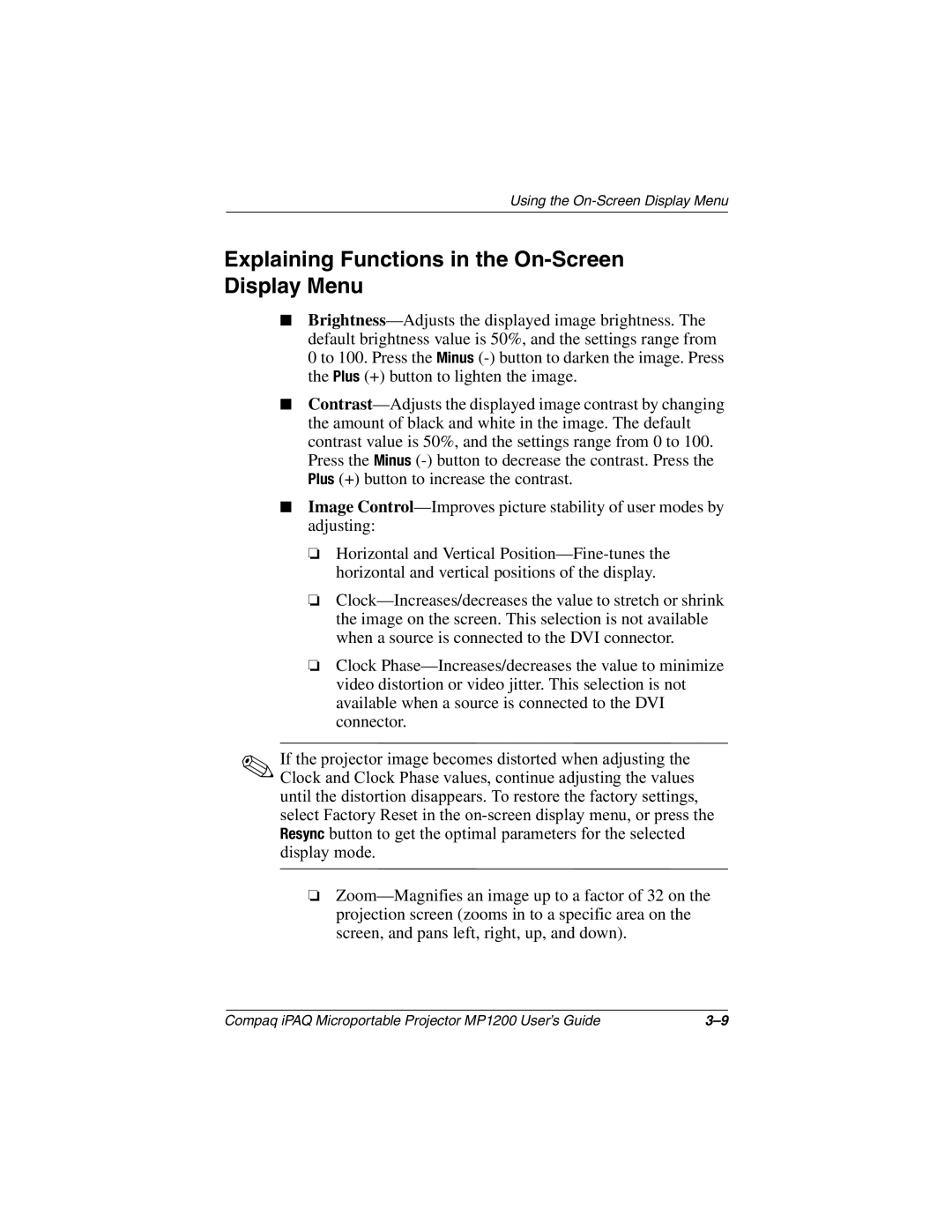 Compaq MP1200 manual Explaining Functions in the On-Screen Display Menu 