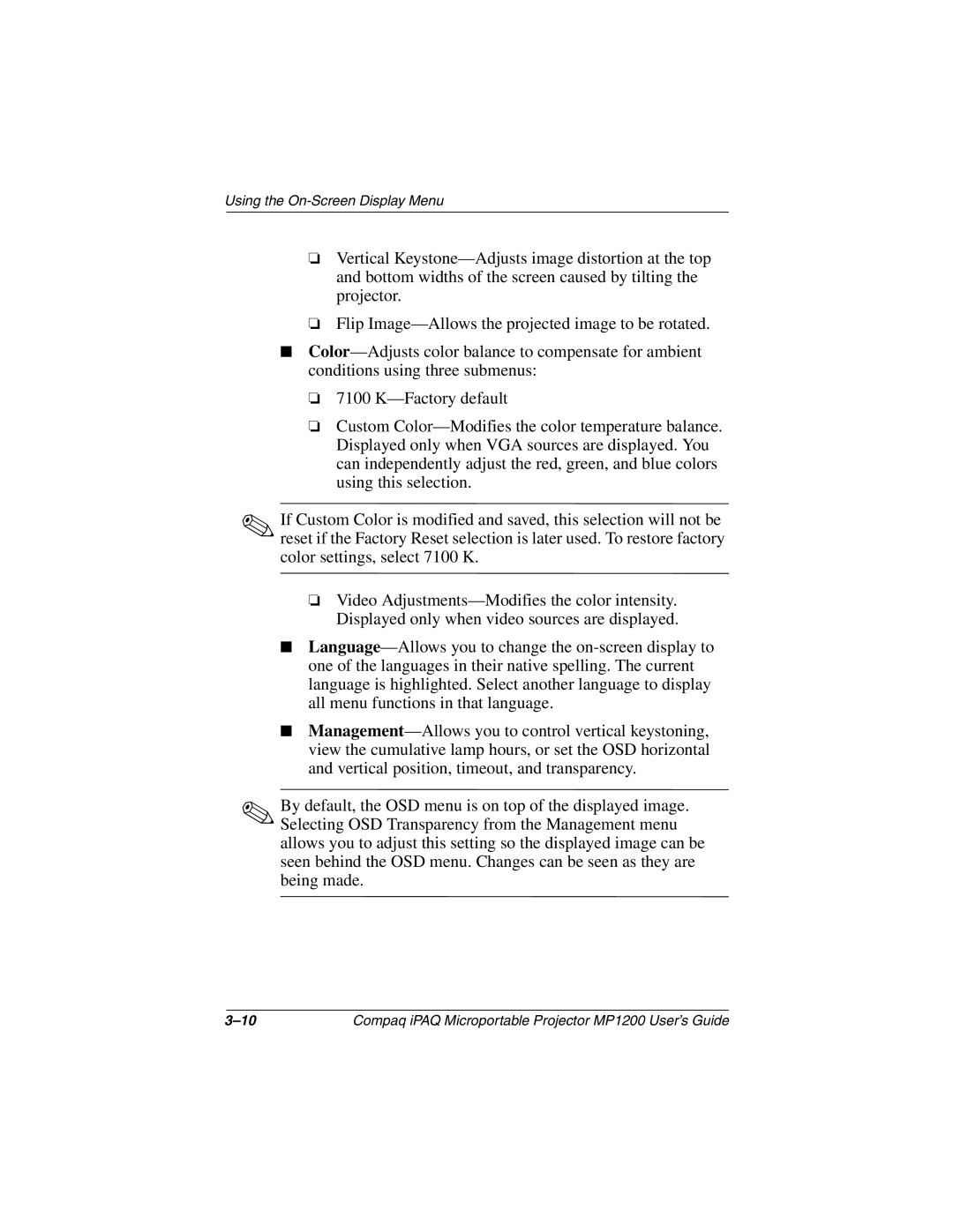 Compaq MP1200 manual Using the On-Screen Display Menu 