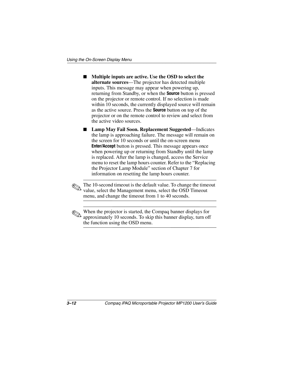 Compaq MP1200 manual Using the On-Screen Display Menu 