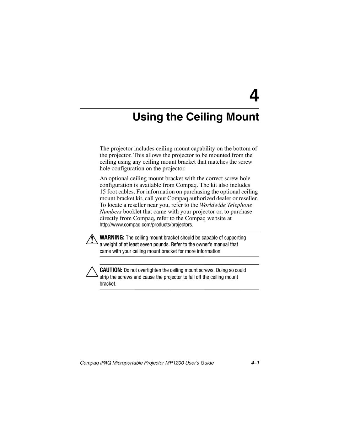 Compaq MP1200 manual Using the Ceiling Mount 