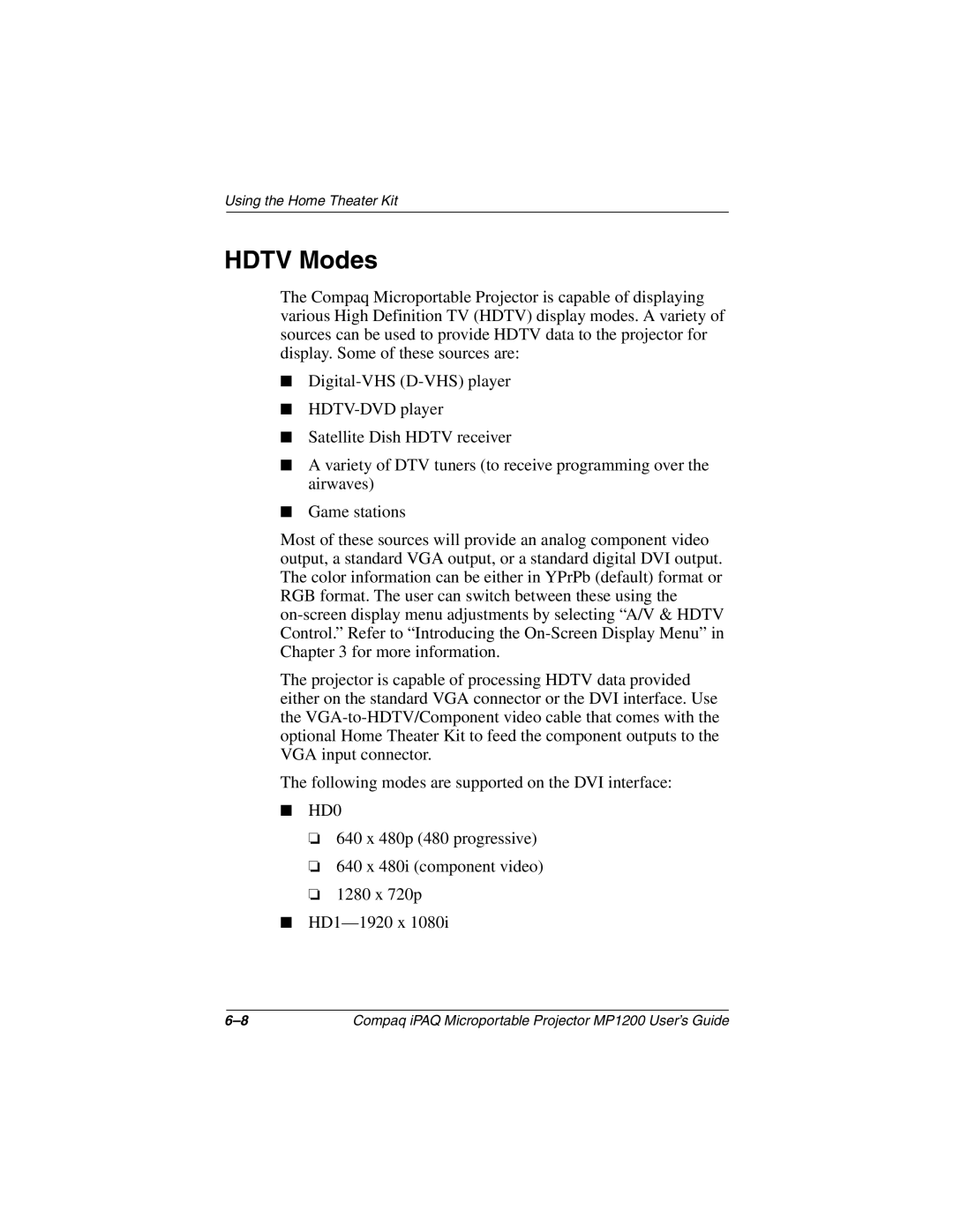 Compaq MP1200 manual Hdtv Modes 