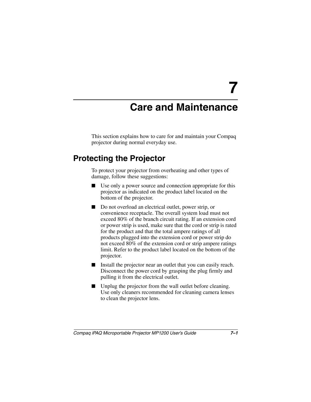 Compaq MP1200 manual Care and Maintenance, Protecting the Projector 