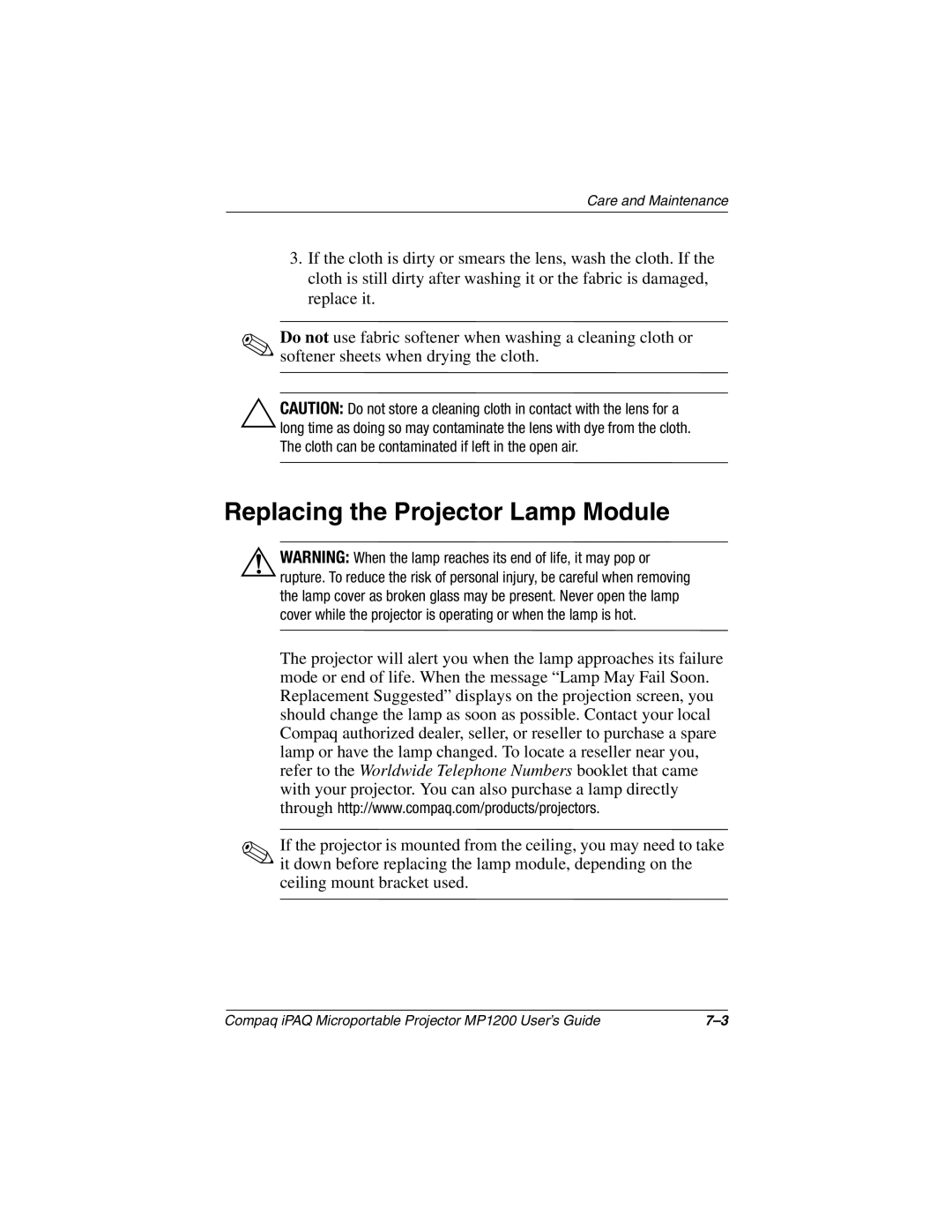 Compaq MP1200 manual Replacing the Projector Lamp Module 