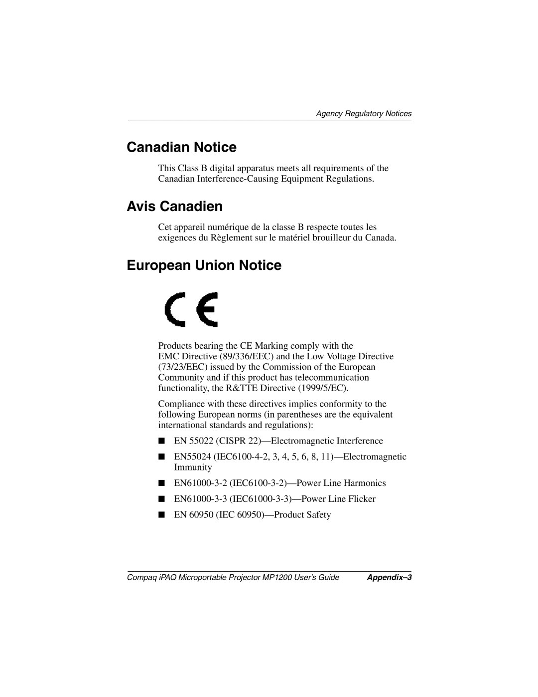 Compaq MP1200 manual Canadian Notice, Avis Canadien, European Union Notice 